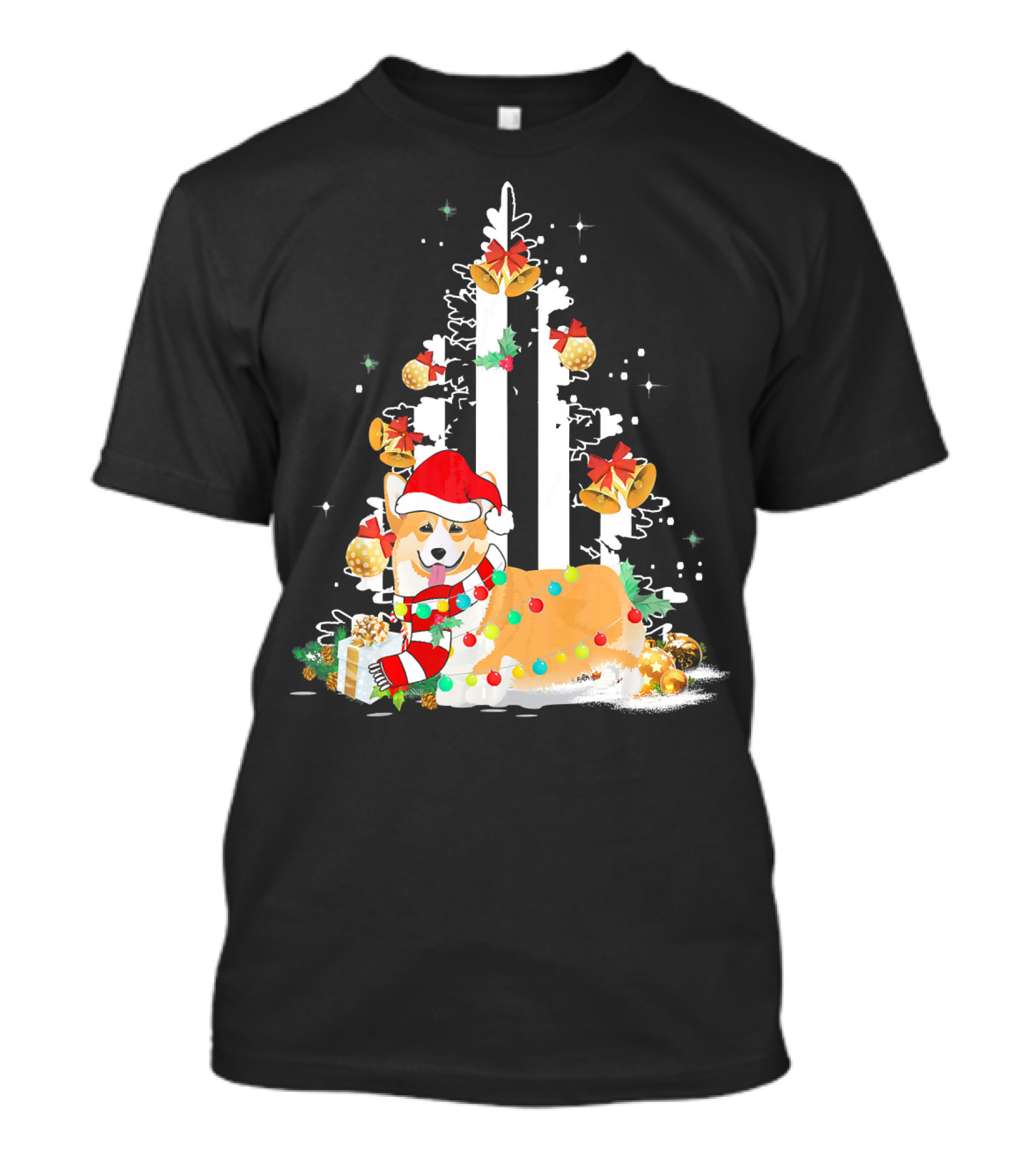 Welsh Corgi Santa Hat Christmas Tree USA Flag Bells Lights T-Shirt