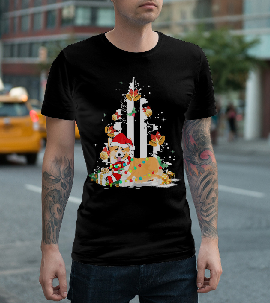 Welsh Corgi Santa Hat Christmas Tree USA Flag Bells Lights T-Shirt