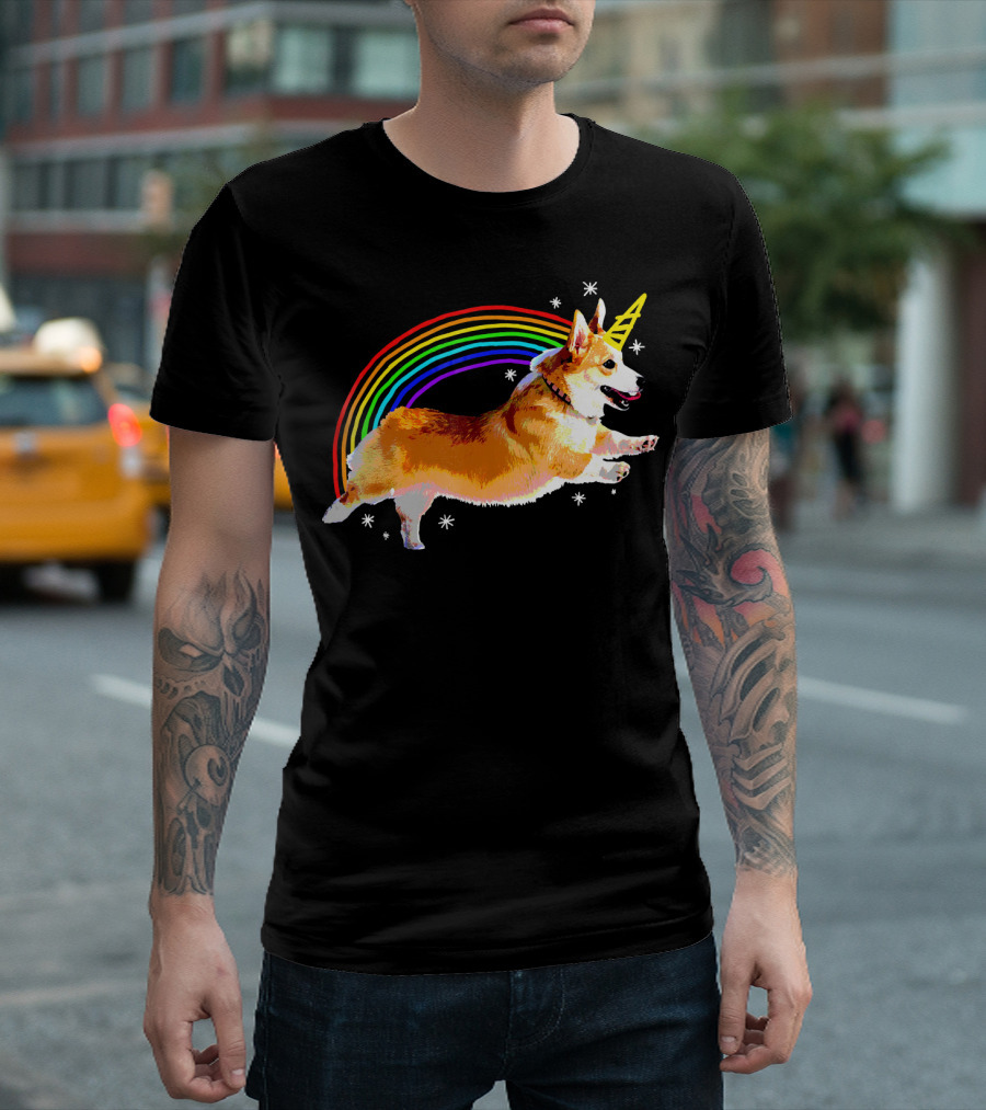 Unicorn Corgi Rainbow Doodle Funny Graph T-Shirt