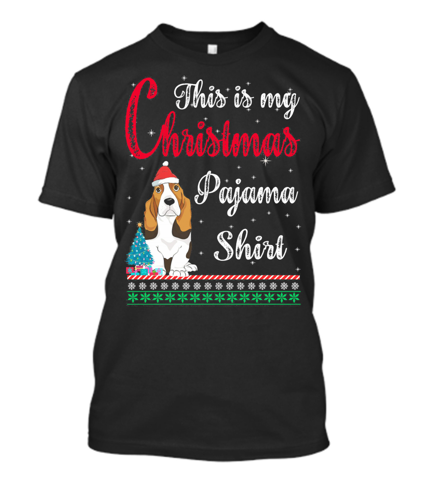 This Is My Christmas Pajama Shirt Basset Hound With Santa Hat And Snowflakes T-Shirt