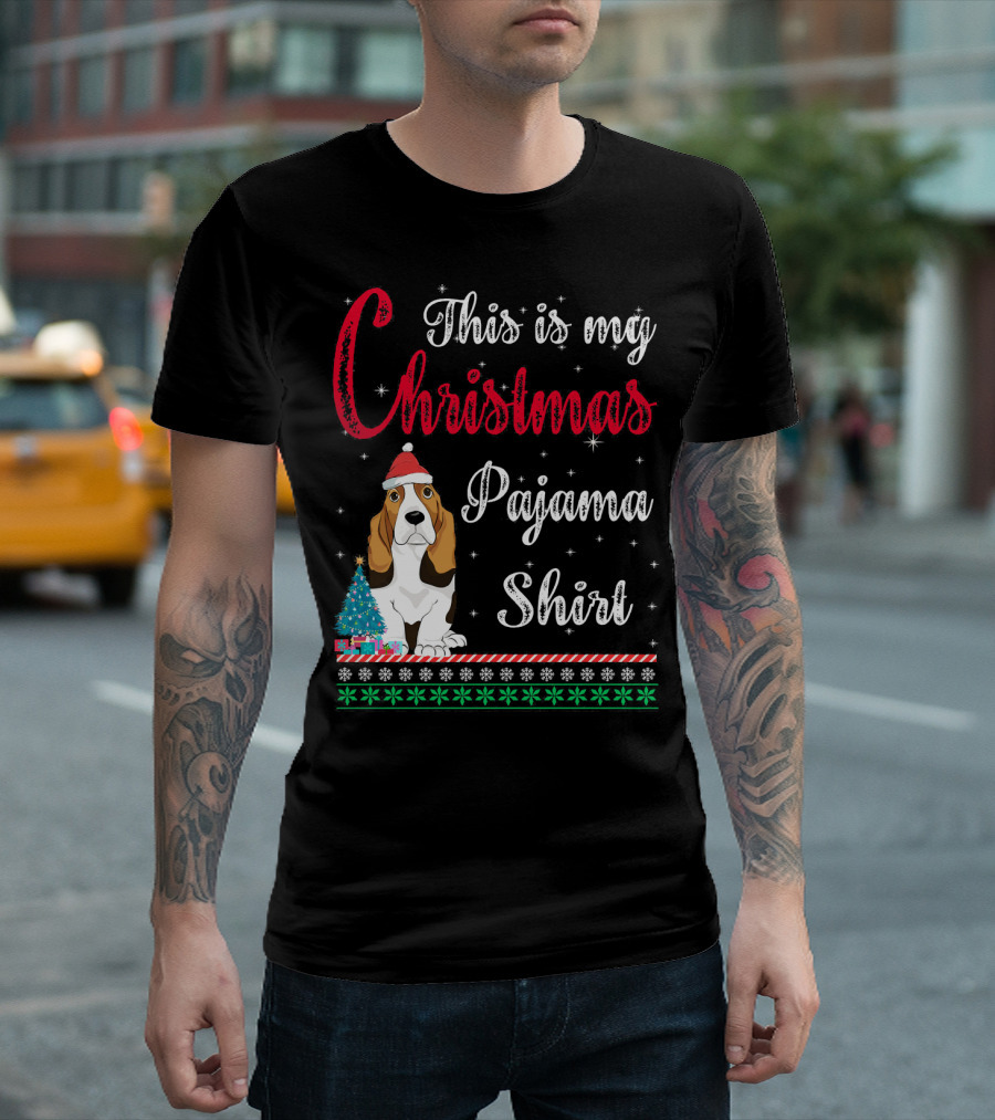This Is My Christmas Pajama Shirt Basset Hound With Santa Hat And Snowflakes T-Shirt