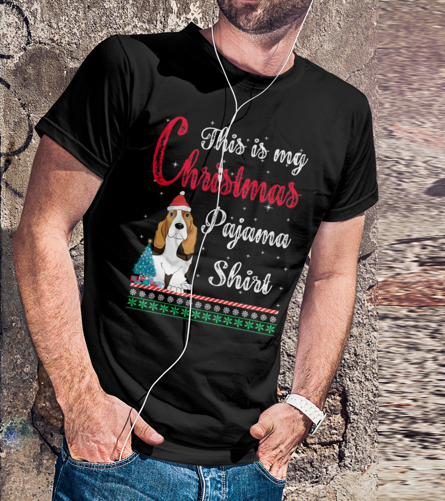 This Is My Christmas Pajama Shirt Basset Hound With Santa Hat And Snowflakes T-Shirt
