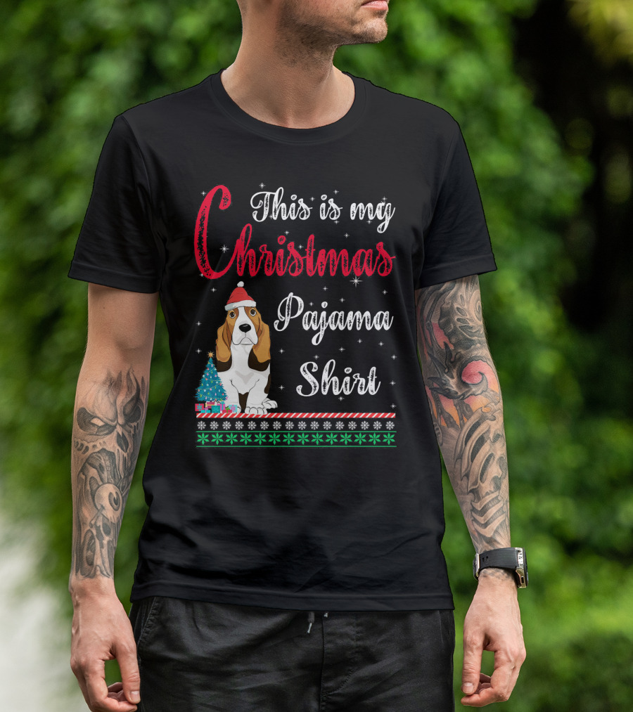 This Is My Christmas Pajama Shirt Basset Hound With Santa Hat And Snowflakes T-Shirt