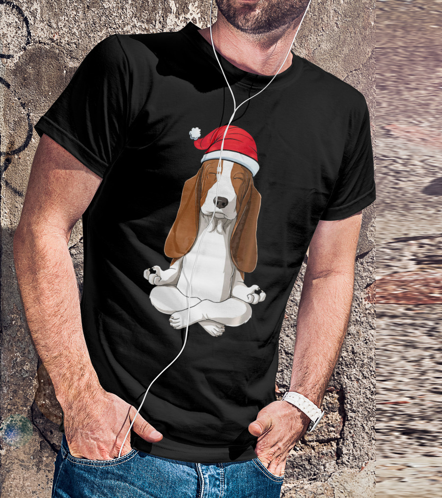 Christmas Basset Hound Meditation With Santa Hat T-Shirt