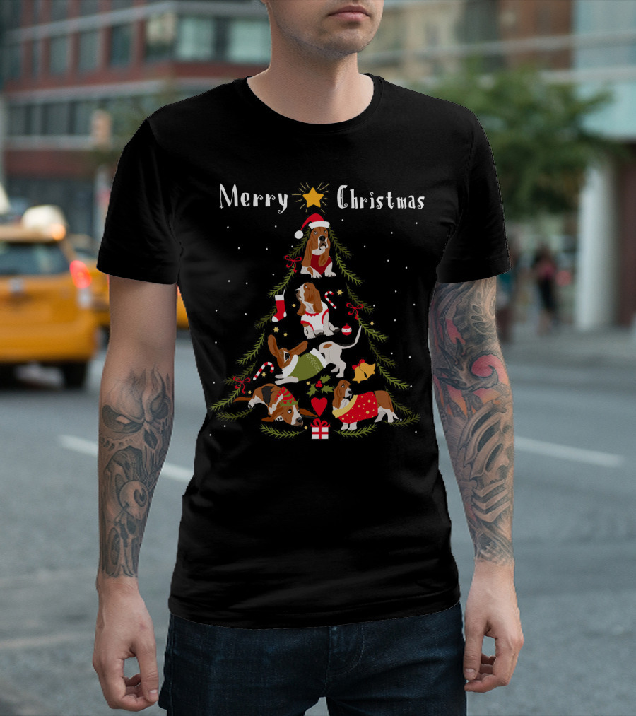 Merry Christmas Basset Hound Tree Xmas Dog Love T-Shirt