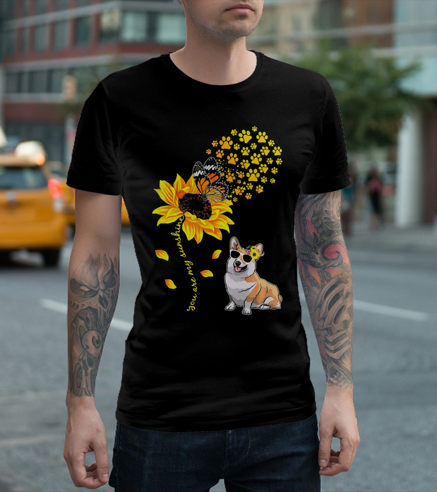 You Are My Sunshine Sunflower Corgi Butterfly Paws T-Shirt