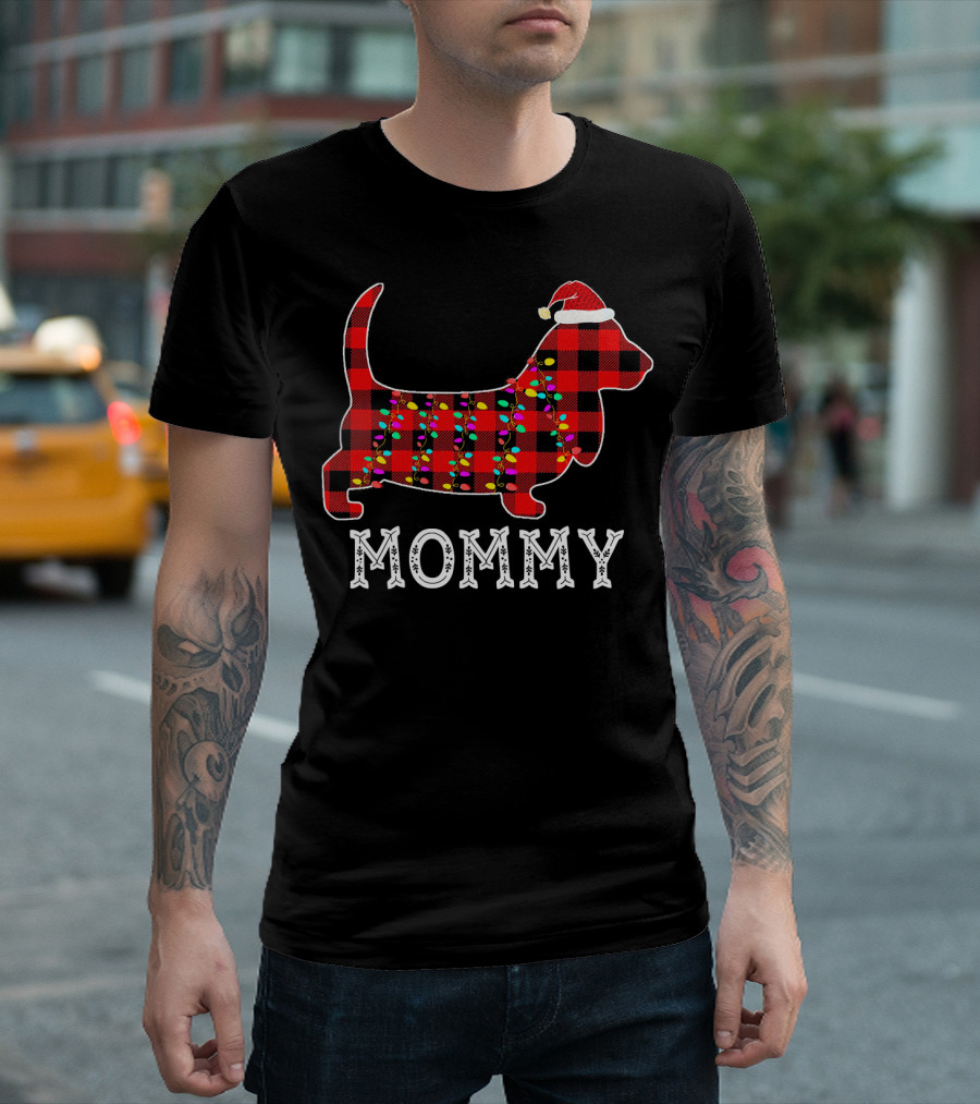 Basset Hound Mommy Christmas Family Matching Plaid Lights T-Shirt