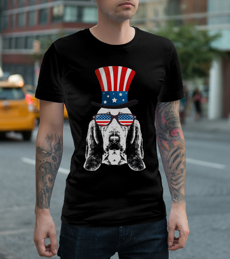 Basset Hound Patriotic Flag Hat And Sunglasses T-Shirt