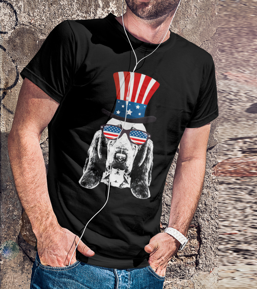 Basset Hound Patriotic Flag Hat And Sunglasses T-Shirt