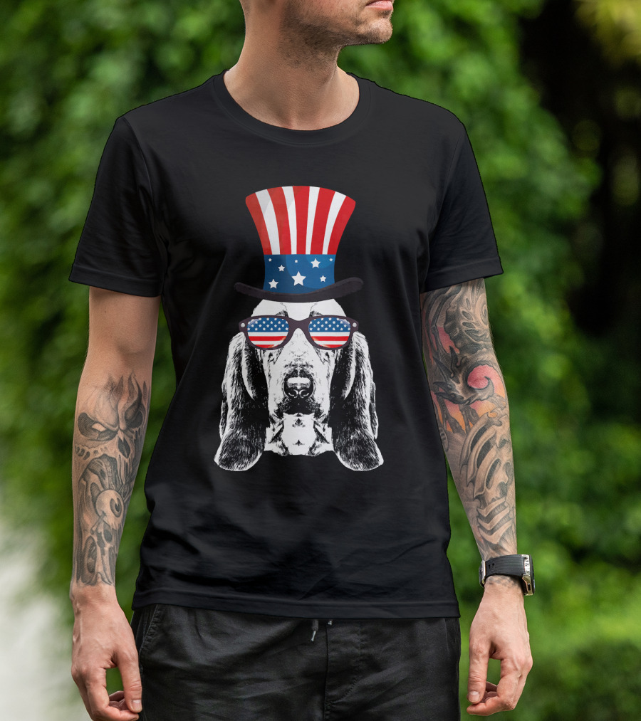 Basset Hound Patriotic Flag Hat And Sunglasses T-Shirt