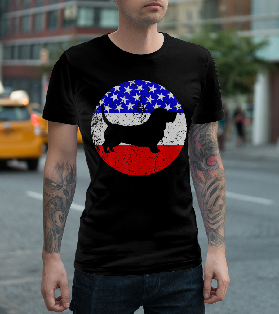 American Flag Basset Hound Silhouette Circle T-Shirt