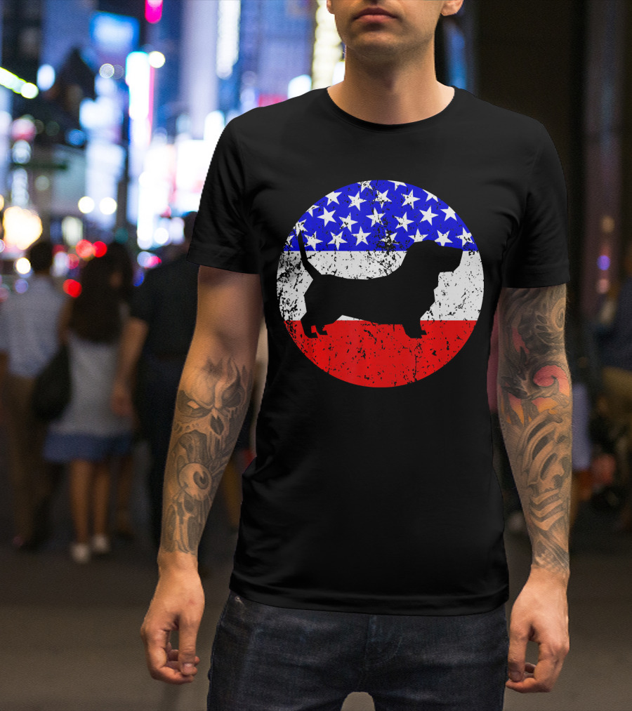 American Flag Basset Hound Silhouette Circle T-Shirt