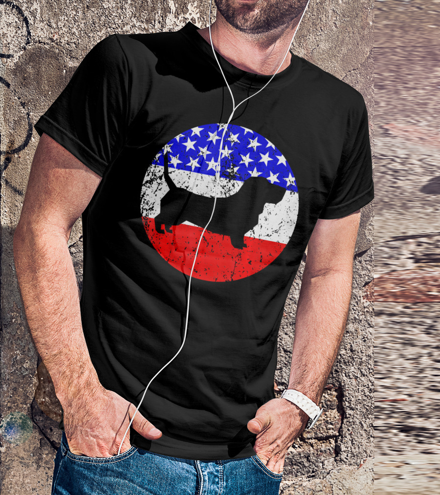 American Flag Basset Hound Silhouette Circle T-Shirt