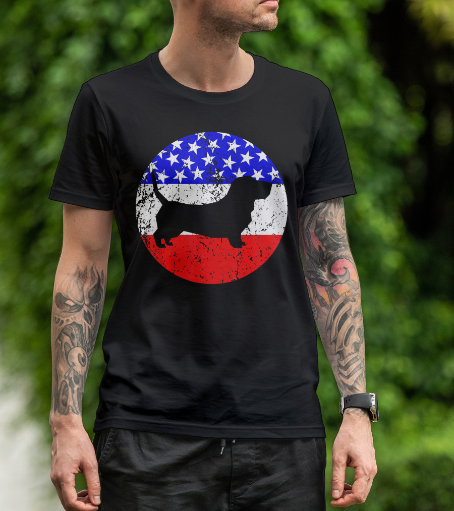 American Flag Basset Hound Silhouette Circle T-Shirt