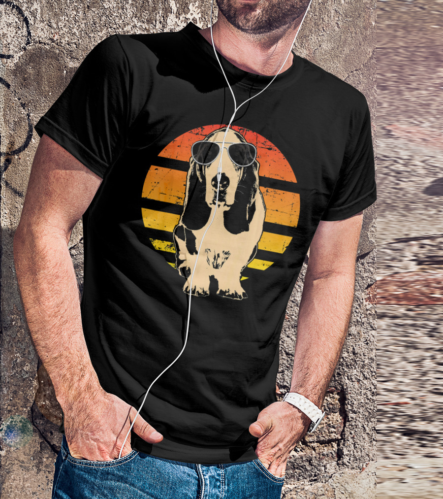 Retro Sunglasses Basset Hound In Vintage Sunset T-Shirt
