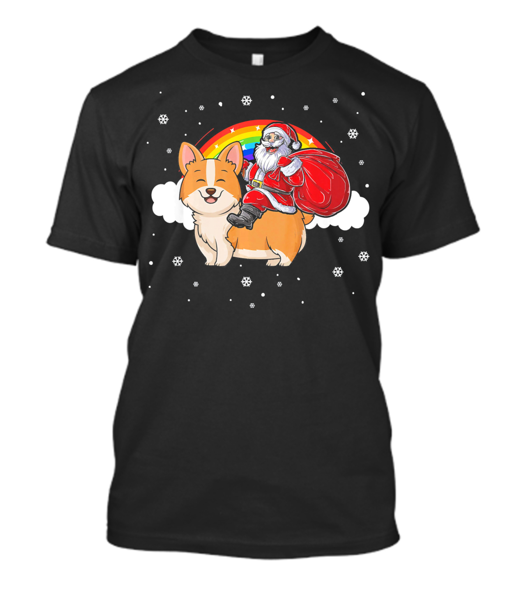 Santa Claus Riding Rainbow Corgi Dog Snowflakes T-Shirt
