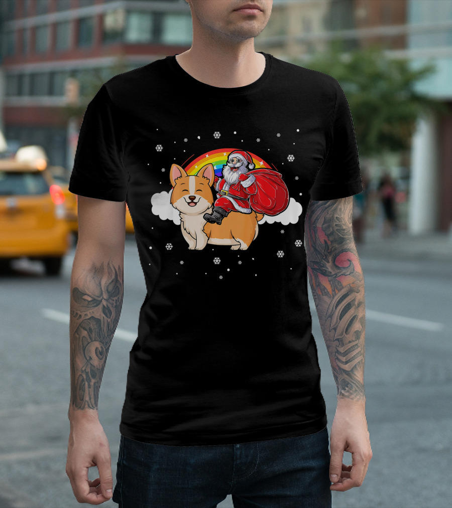 Santa Claus Riding Rainbow Corgi Dog Snowflakes T-Shirt
