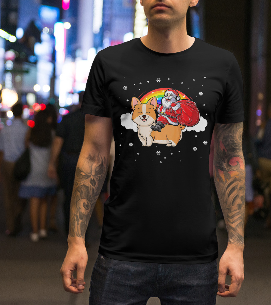 Santa Claus Riding Rainbow Corgi Dog Snowflakes T-Shirt
