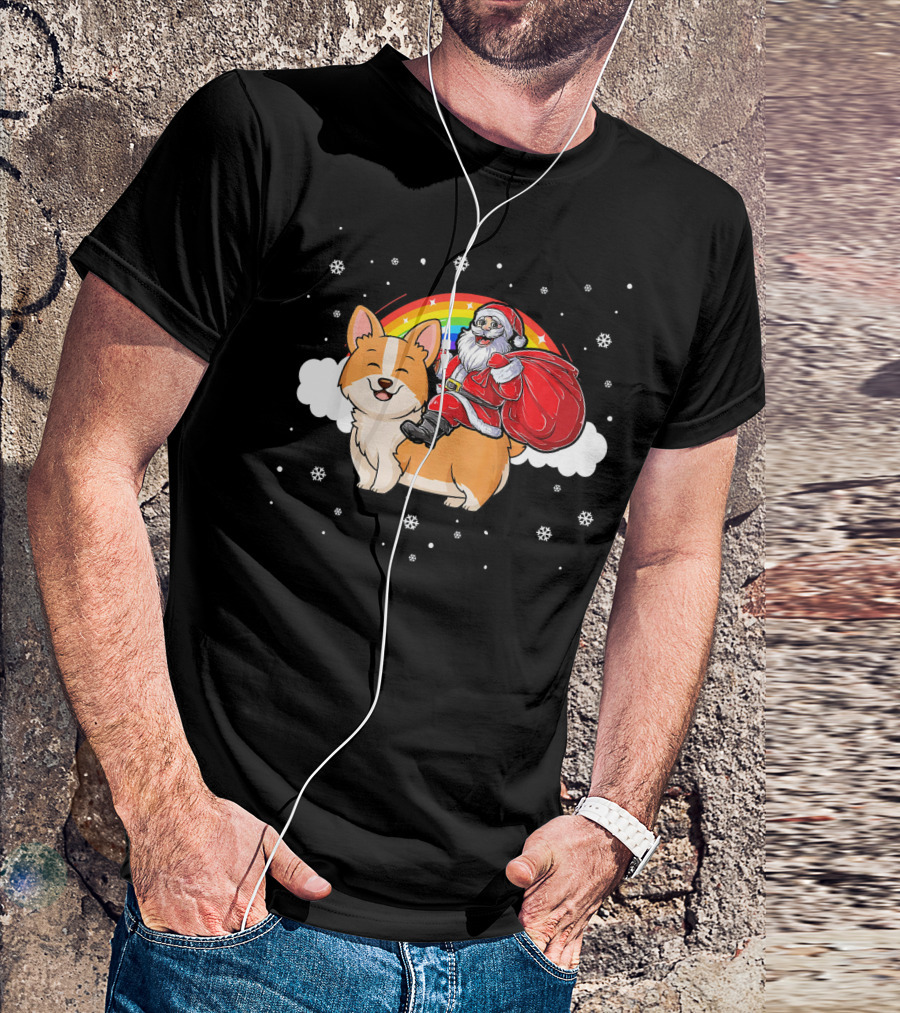 Santa Claus Riding Rainbow Corgi Dog Snowflakes T-Shirt