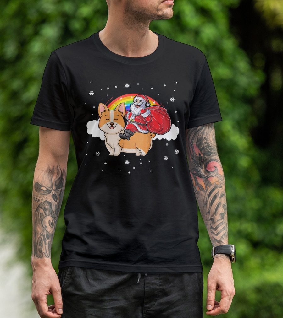Santa Claus Riding Rainbow Corgi Dog Snowflakes T-Shirt