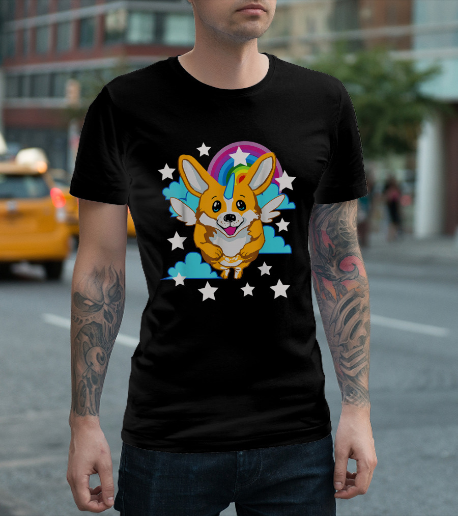 Unicorg Funny Unicorn Corgi Dog With Rainbow And Stars T-Shirt