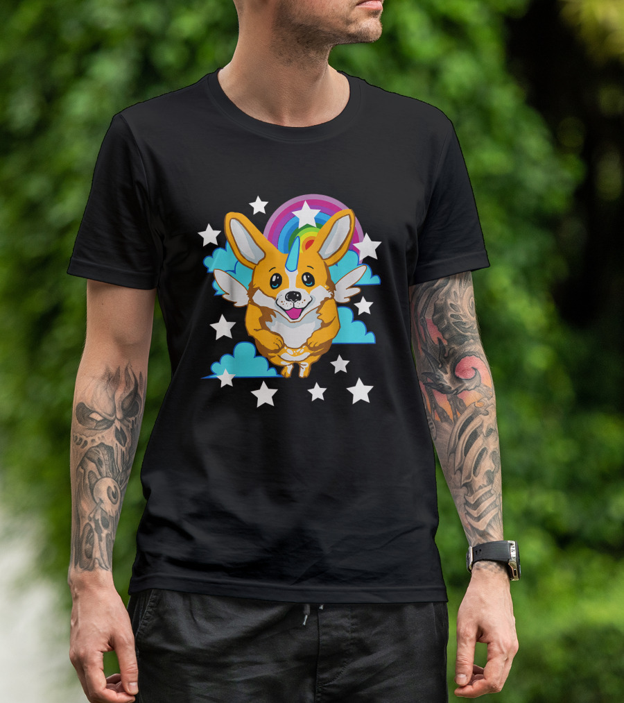 Unicorg Funny Unicorn Corgi Dog With Rainbow And Stars T-Shirt