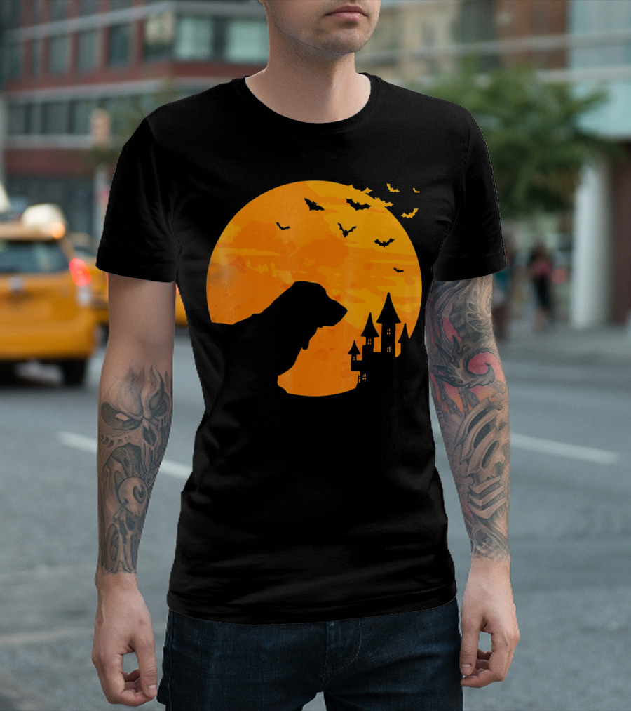 Basset Hound Halloween Moon and Haunted Castle with Bats T-Shirt
