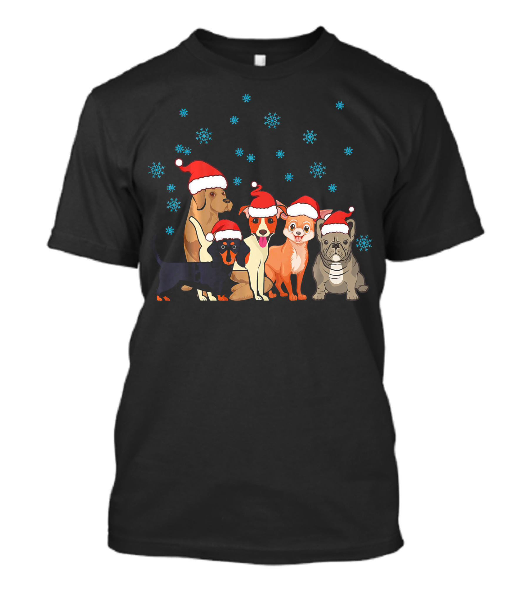 Xmas Dog Cute Frenchie Corgi Dachshund Santa Hats Snowflakes T-Shirt