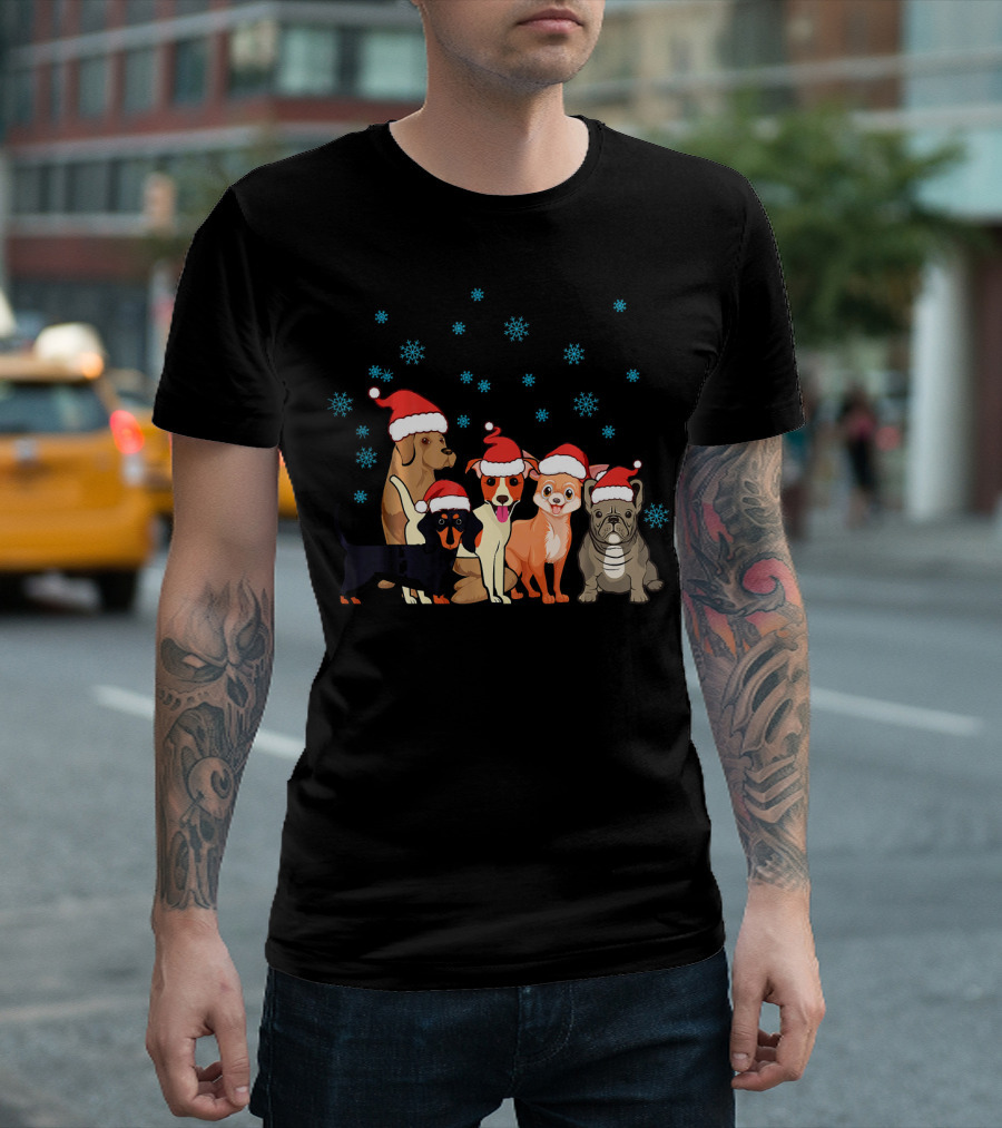 Xmas Dog Cute Frenchie Corgi Dachshund Santa Hats Snowflakes T-Shirt