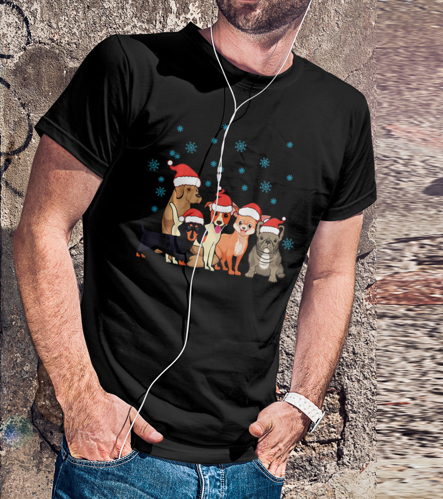 Xmas Dog Cute Frenchie Corgi Dachshund Santa Hats Snowflakes T-Shirt