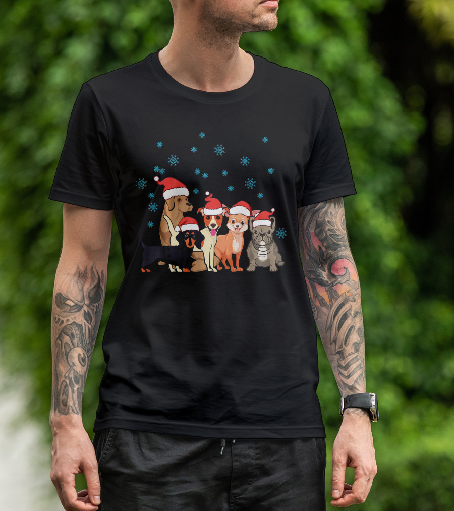 Xmas Dog Cute Frenchie Corgi Dachshund Santa Hats Snowflakes T-Shirt