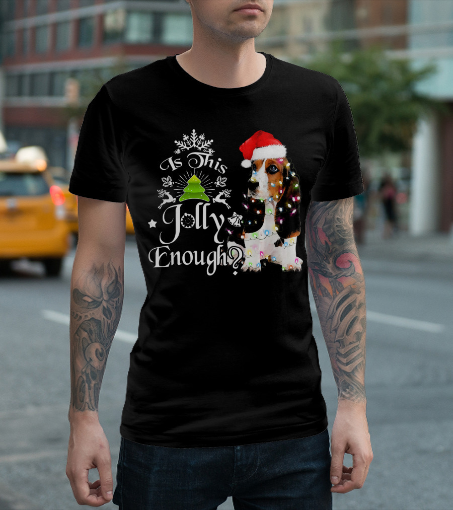 Is This Jolly Enough Basset Hound Christmas Lights Santa Hat T-Shirt