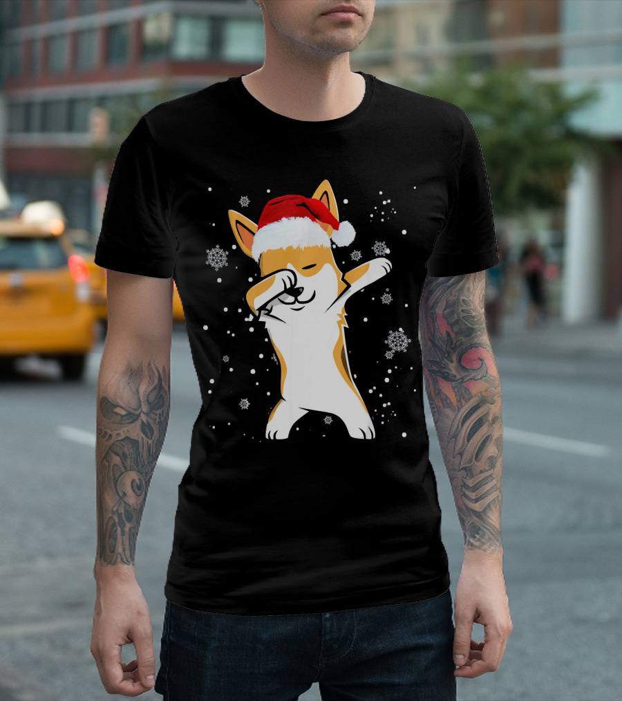 Welsh Corgi Dabbing Christmas Dog Snowflakes Santa Hat T-Shirt