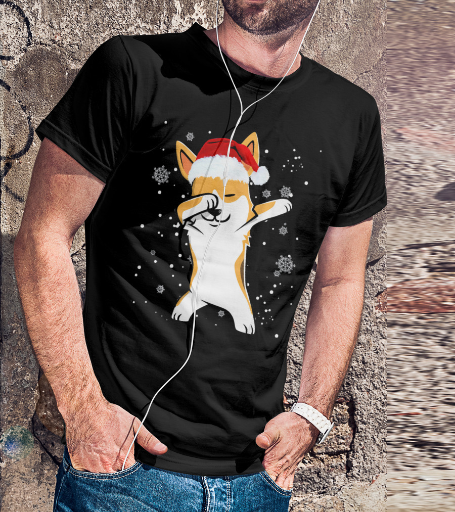 Welsh Corgi Dabbing Christmas Dog Snowflakes Santa Hat T-Shirt