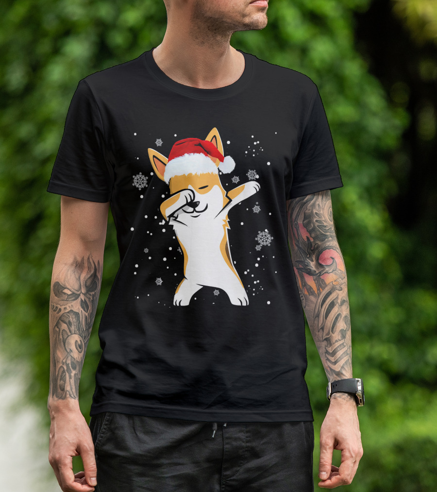 Welsh Corgi Dabbing Christmas Dog Snowflakes Santa Hat T-Shirt