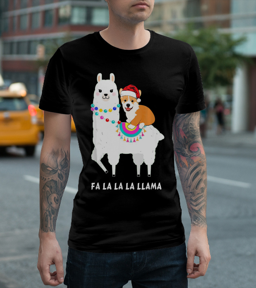 Santa Corgi Riding Llama Fa La La La Llama Funny Corgi Christmas T-Shirt