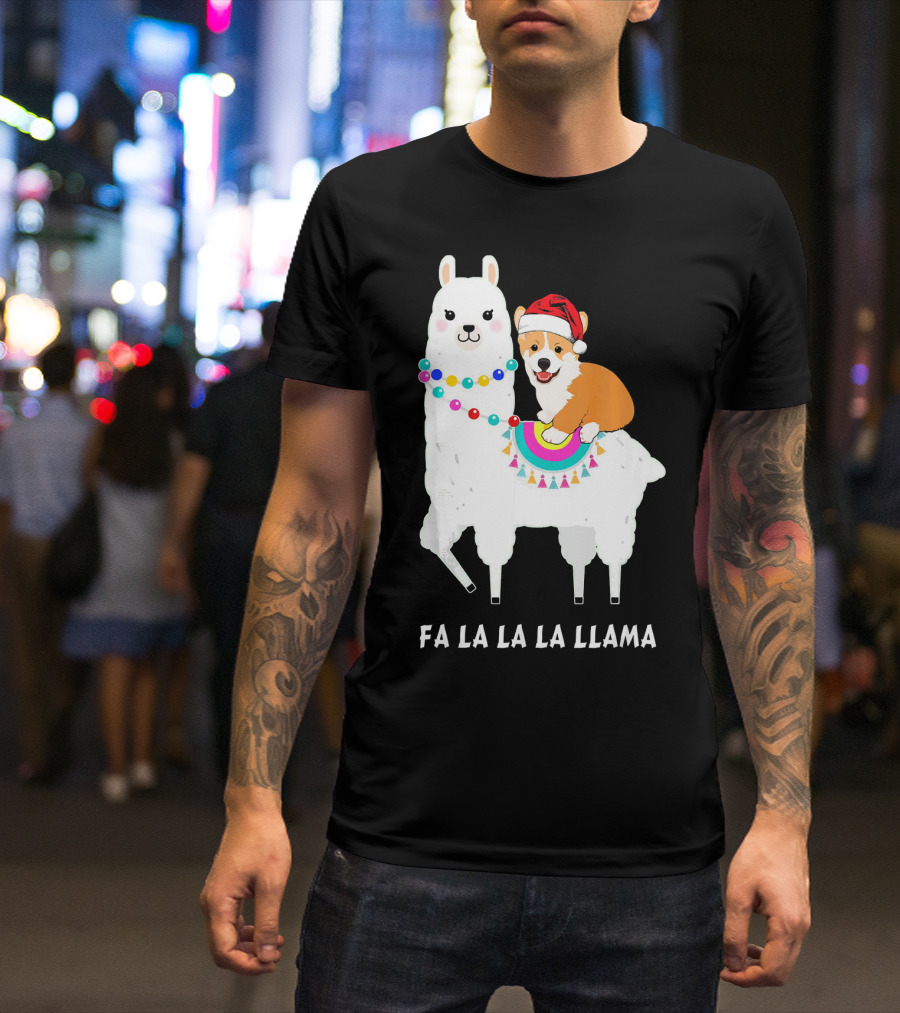 Santa Corgi Riding Llama Fa La La La Llama Funny Corgi Christmas T-Shirt
