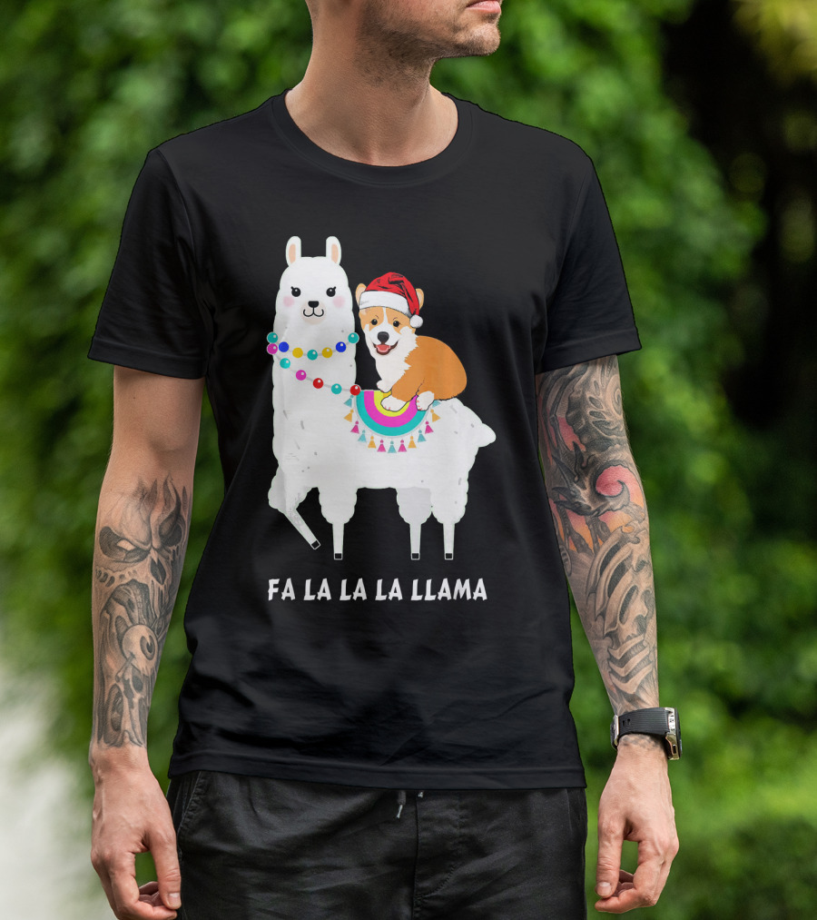 Santa Corgi Riding Llama Fa La La La Llama Funny Corgi Christmas T-Shirt