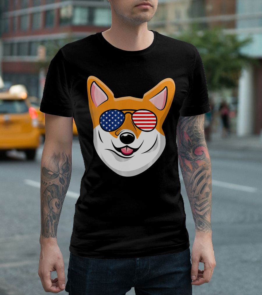 Corgi Sunglasses American Flag Patriotic Corgi T-Shirt