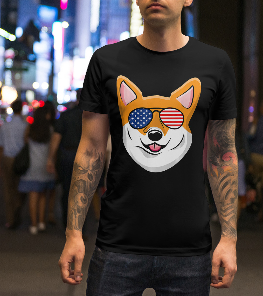 Corgi Sunglasses American Flag Patriotic Corgi T-Shirt