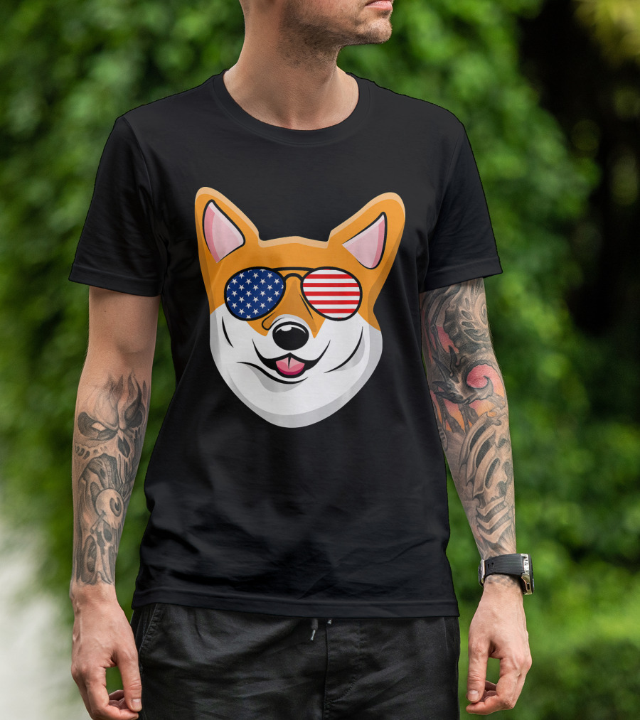 Corgi Sunglasses American Flag Patriotic Corgi T-Shirt