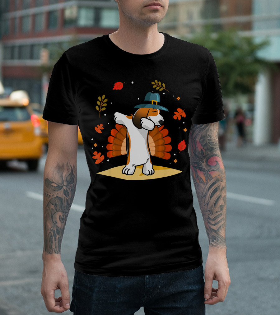 Basset Hound Dog Dabbing Thanksgiving with Pilgrim Hat and Autumn Leaves T-Shirt