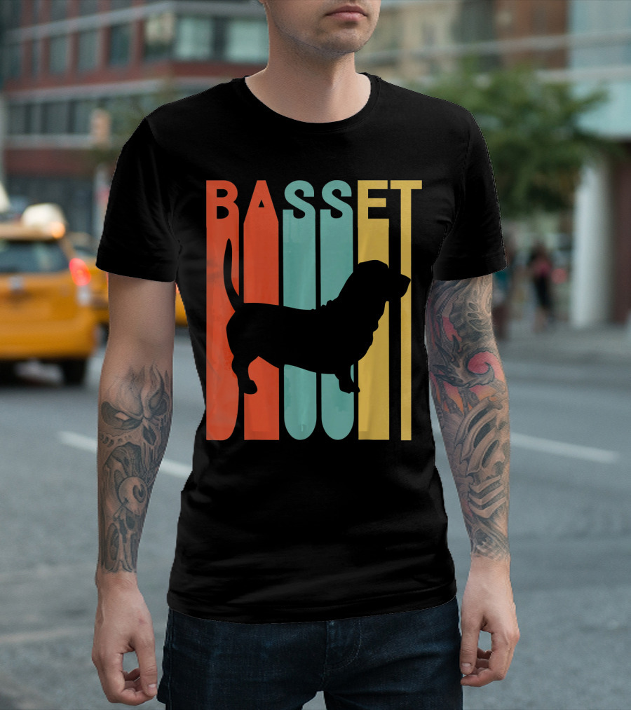 Basset Hound Silhouette Retro Stripe T-Shirt