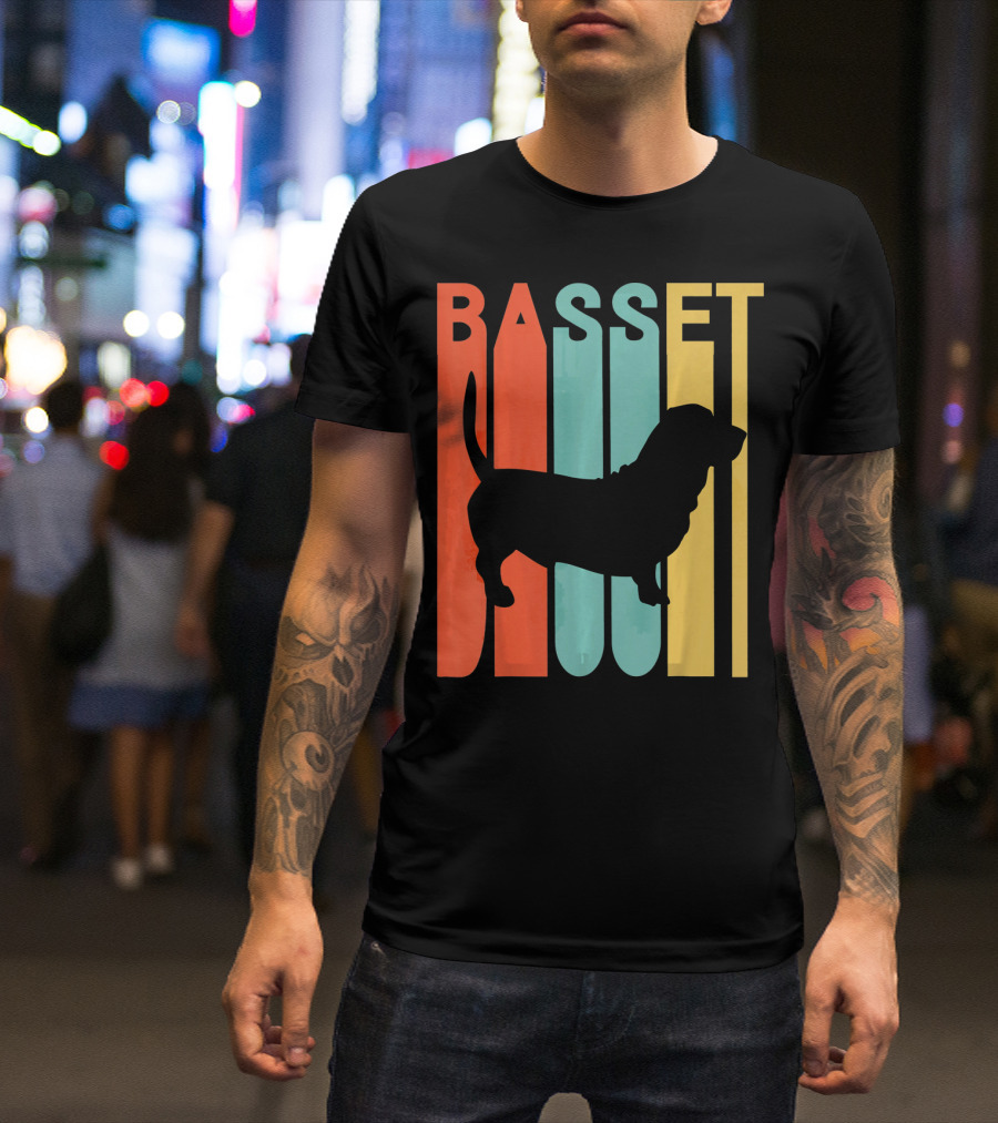 Basset Hound Silhouette Retro Stripe T-Shirt
