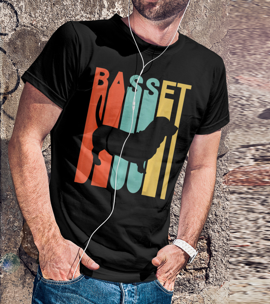 Basset Hound Silhouette Retro Stripe T-Shirt
