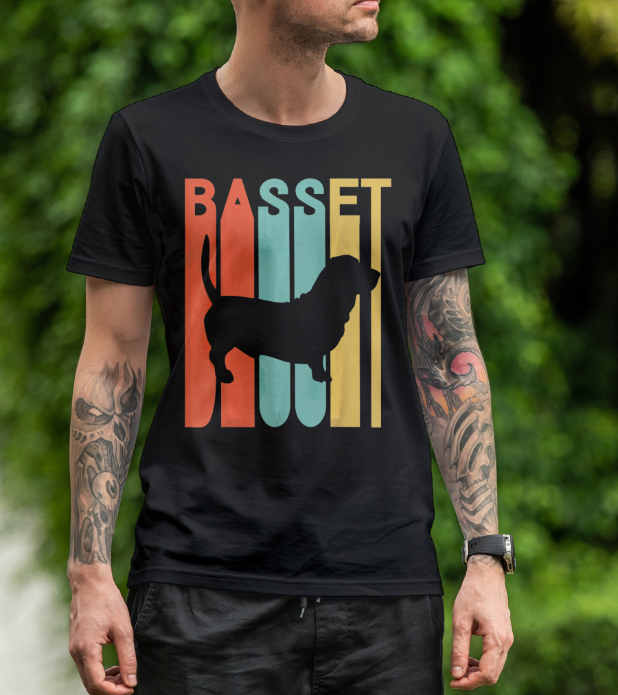 Basset Hound Silhouette Retro Stripe T-Shirt