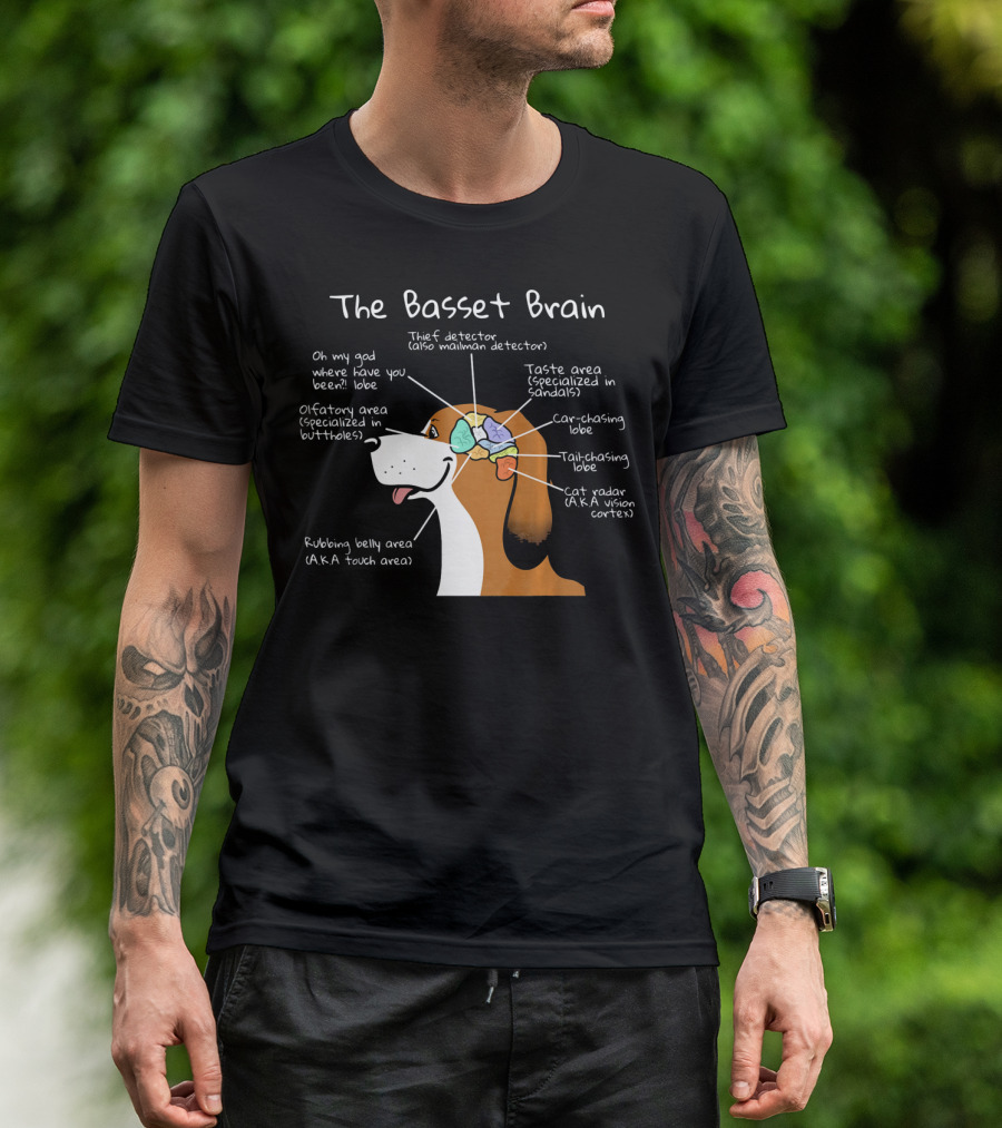 The Basset Brain Oh My God Where Have You Been Lobe Thief Detector Taste Area Lobe Car-Chasing Lobe Cat Radar Vision Cortex T-Shirt
