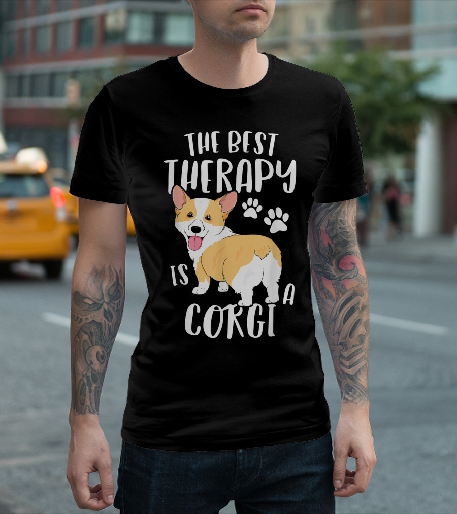 The Best Therapy Is A Corgi With Paw Prints and Cute T-Shirt
