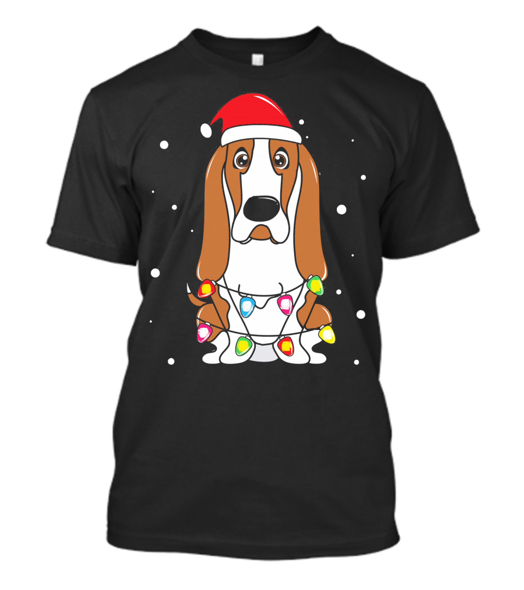 Basset Hound Christmas Lights Santa Hat Snowflakes T-Shirt