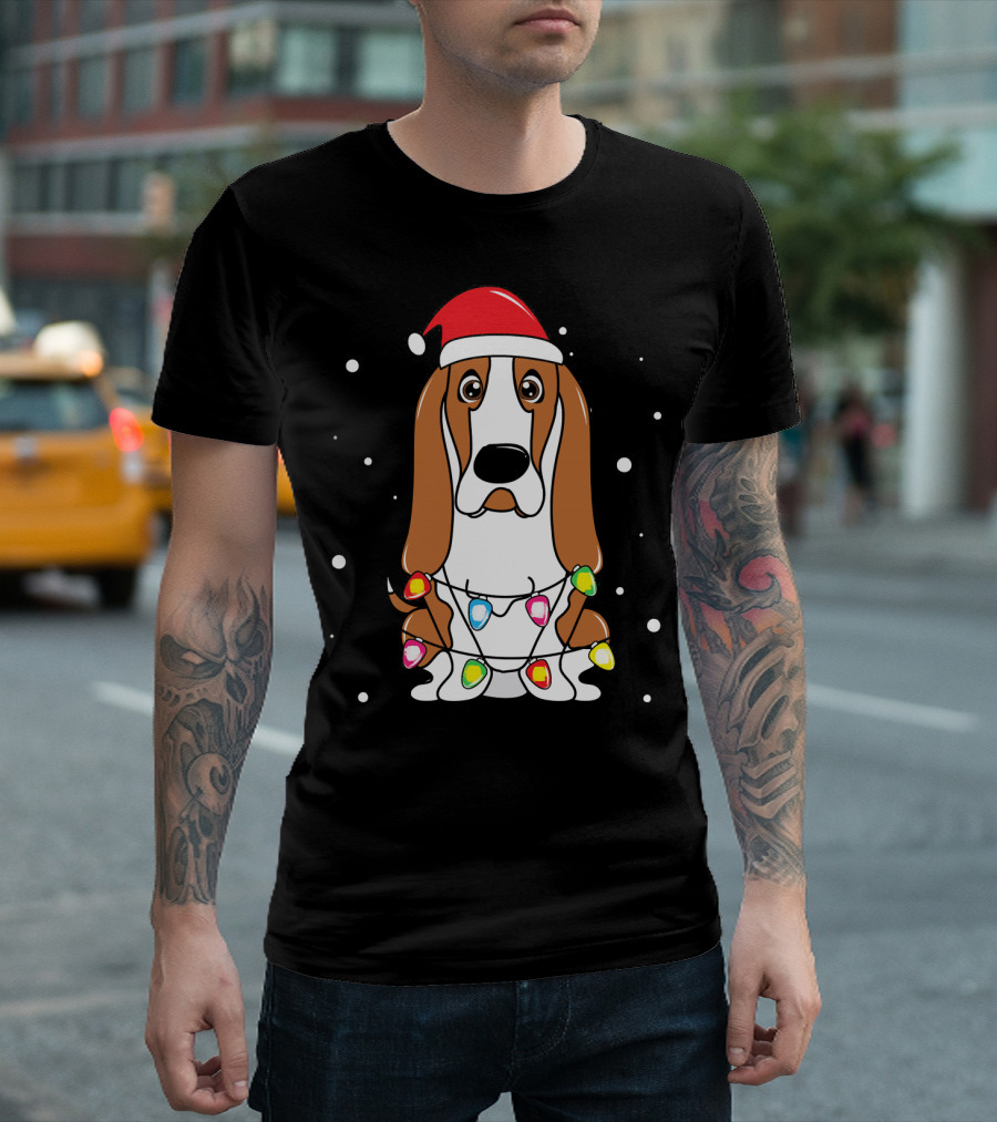 Basset Hound Christmas Lights Santa Hat Snowflakes T-Shirt